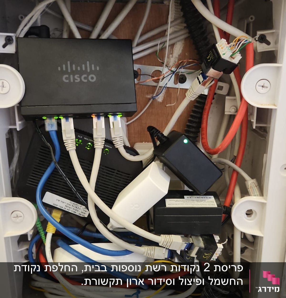 ארון תקשורת עם נתב סיסקו וכבלים מחוברים